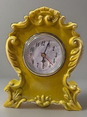 VTG Rococo Victorian Style Mantel Clock Battery Operated Yellow Ceramic WORKS